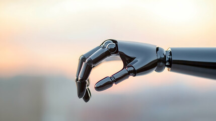 Metallic Robot Hand Against a Sunset Horizon