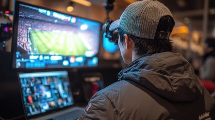Young man monitoring a soccer game broadcast on a large screen and laptop.