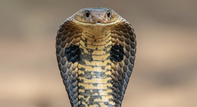 Menacing cobra portrait displaying its hood with intense eye contact