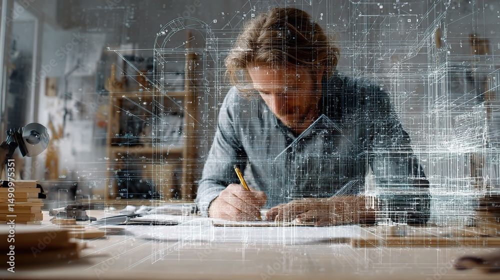 Poster architect creating 3d model overlay in design workspace environment