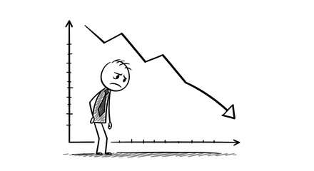 Stick Figure Sadness with Decreasing Chart Line Showing Financial Downturn
