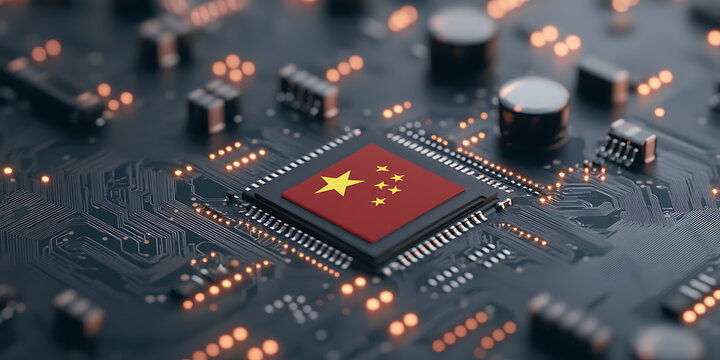 Chinese Flag Microchip: A high-tech portrayal featuring a central processing unit displaying the Chinese flag, highlighting technological advancements.