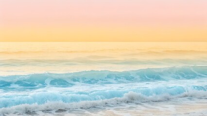 Obraz premium Serene ocean waves gently lapping against sandy shore at sunset, with soft pastel colors blending in the sky, creating a tranquil and peaceful coastal atmosphere