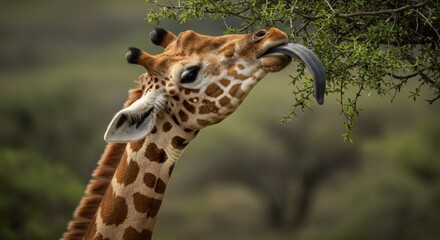 Obraz premium Close-up portrait capturing a giraffe grazing leaves with its tongue