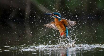 Kingfisher Emerges From Water in a Burst of Splendor and Vitality