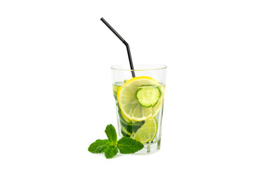 Cucumber water with lemon, lime and mint isolated on white background. Water infused with sliced ​​cucumber in a drinking glass. Tonic refreshing drink. Cucumber lemonade.Summer natural cooling drink