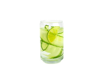 Cucumber water with lemon, lime and mint isolated on white background. Water infused with sliced ​​cucumber in a drinking glass. Tonic refreshing drink. Cucumber lemonade.Summer natural cooling drink
