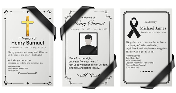 Elegant set of grayscale funeral invitation templates with realistic folded black ribbons and clean, minimal typography. Suitable for memorial announcements or obituary designs. Funeral invitation