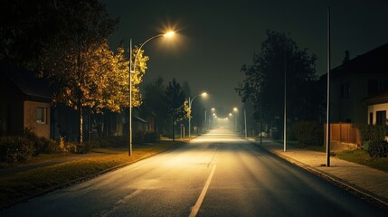 Mysterious nightscape of illuminated street amidst trees and peaceful neighborhood