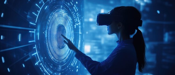 Woman in VR headset interacts with a futuristic digital interface.