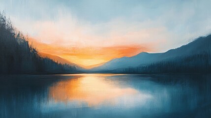 Fototapeta premium Serene sunset over a tranquil mountain lake.