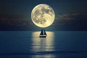 Huge moon reflected in endless ocean, with lonely boat sailing to horizon, surrealism style
