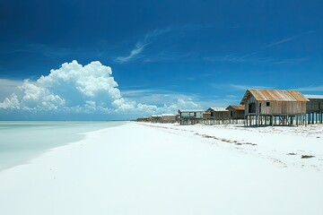 Tropical Beach Shacks on Stilts with Cloudscape, White Sand and Clear Blue Sky
