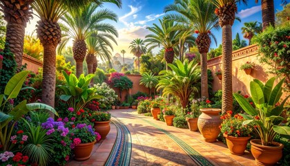 Fototapeta premium Exotic Moroccan botanical garden filled with tall date palms, banana leaves, vibrant 