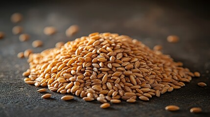 Obraz premium Close-up of a pile of raw spelt grains on a dark surface.