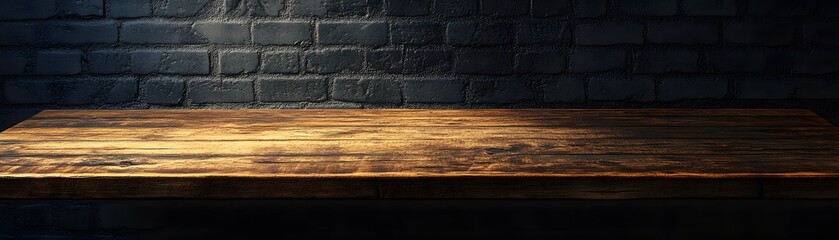 Fototapeta premium Empty wooden surface against dark brick backdrop.