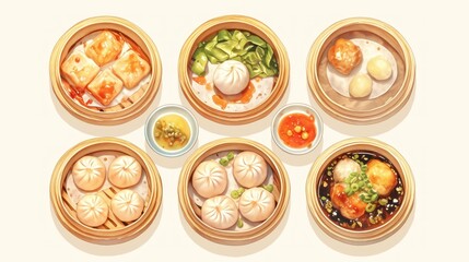 Delicate illustration of various dim sum dishes in traditional bamboo steamers