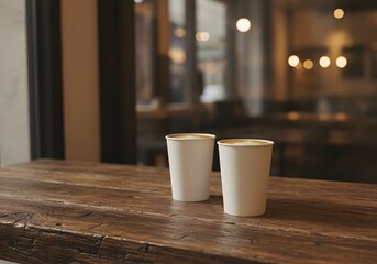 Two white coffee cups on wooden countertop in cafe