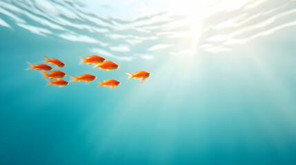 Fototapeta premium Underwater School of Orange Fish Swimming in Sunlight