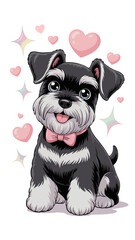 A kawaii-style illustration of a black Miniature
Schnauzer cheerfully seated against a crisp white background