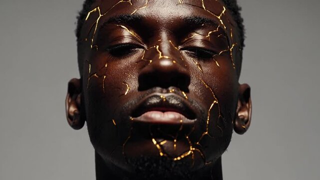 Portrait d&rsquo;un homme au visage parcouru de fissures dor&eacute;es style kintsugi

