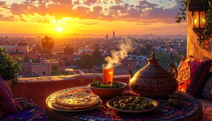 Tagine meal on a rooftop terrace overlooking Marrakech, with a steaming