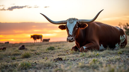 Texas longhorn cow laying down on field at sunset
