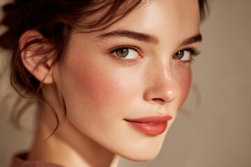 Fototapeta premium Close-up portrait of a young woman with natural makeup and expressive eyes in soft lighting during an indoor setting