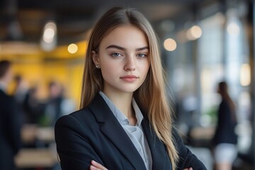 Professional young woman in formal attire poses confidently in a corporate environment during a busy working day