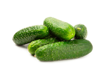 Cucumber isolated on white background. Slice of cucumber on white background. Fresh organic green cucumbers. Vegan. Ingredient for salad. Farm vegetables.