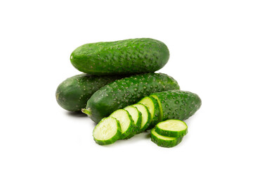 Cucumber isolated on white background. Slice of cucumber on white background. Fresh organic green cucumbers. Vegan. Ingredient for salad. Farm vegetables.