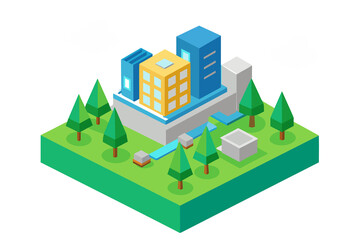  isometric city with buildings, houses, streets, and urban design elements for real estate and business