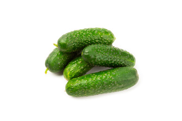 Cucumber isolated on white background. Slice of cucumber on white background. Fresh organic green cucumbers. Vegan. Ingredient for salad. Farm vegetables.