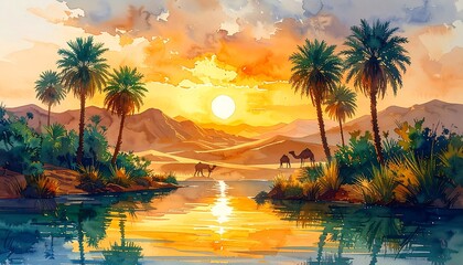 Watercolor painting of a Saharan oasis with vivid greens and golds, dreamy brushstrok