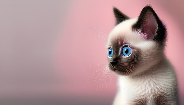 portrait of cute siamese kitten with pink little vov he some he clean vnit background on left side