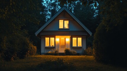 Inviting evening illumination radiating from a charming home nestled in nature