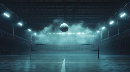 Volleyball hovering over net in smoky arena.