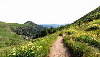 Fototapeta premium scenic mountain trail surrounded by greenery and flowers isolated on transparent cutout background