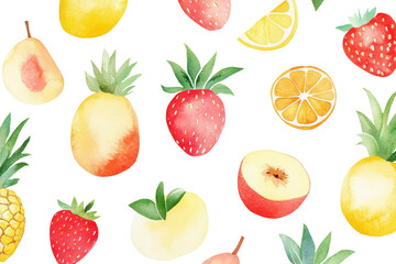 Watercolor seamless of tropical fruit including strawberry, orange, pear, and lemon isolated on transparent background