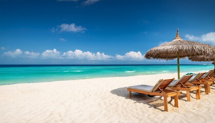 tropical beach landscape with turquoise sea white sand parasols and wooden sunbeds