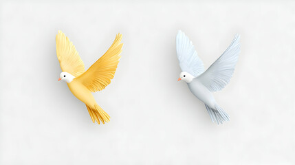 Two Doves in Flight: Gold and Silver Birds on White Background