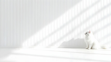 White Fluffy Cat Sitting on White Wooden Floor in Sunlight