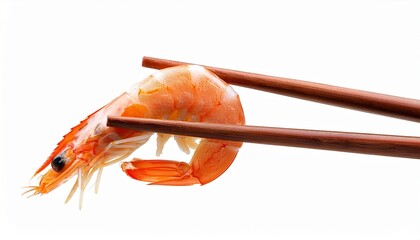 delicious juicy shrimp held by chopsticks isolated on white background