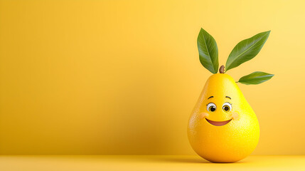 Happy Yellow Pear with Smiling Face on Yellow Background