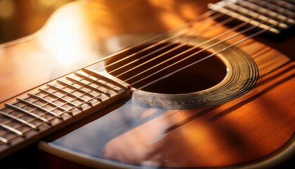 close up of a guitar s strings with golden sunlight illustrating harmony and warmth through its intricate design and subtle glow