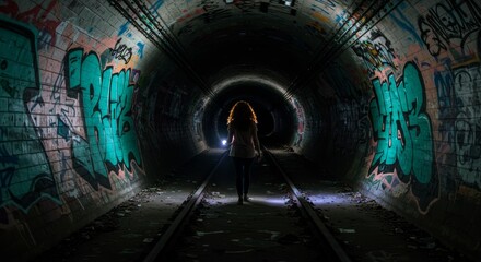 Fototapeta premium A solitary figure walks through a graffiti-covered tunnel towards the light