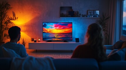 Couple relaxing on sofa, watching vibrant sunset scene on TV in dimly lit living room