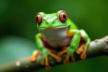Fototapeta premium Green tree frog perched on white, vibrant skin, high resolution, photography