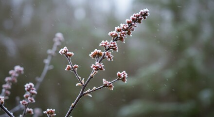 Delicate frost on emerging flower buds, capturing a serene moment in nature