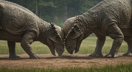 Fototapeta premium Majestic Pachysaurus Confrontation Displaying Ancient Power and Dominance